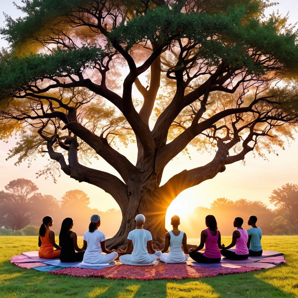 A serene landscape depicting a diverse group of cancer survivors meditating together under a radiant tree, symbolizing strength and unity. Surround them with elements of holistic health like herbal plants, yoga mats, and soft, glowing light to evoke a sense of peace and empowerment. Show a sunset in the background casting warm colors, representing hope and healing. vibrant colors. tranquil setting. 3D.