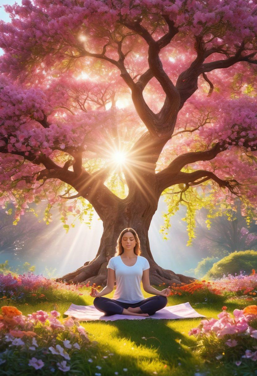 A serene landscape depicting a person meditating under a blossoming tree, surrounded by vibrant flowers symbolizing growth and healing. Radiant light beams shining down, representing hope and empowerment. Elements like healthy food, fitness symbols, and wellness books scattered around to signify holistic wellness. super-realistic. vibrant colors. tranquil atmosphere.
