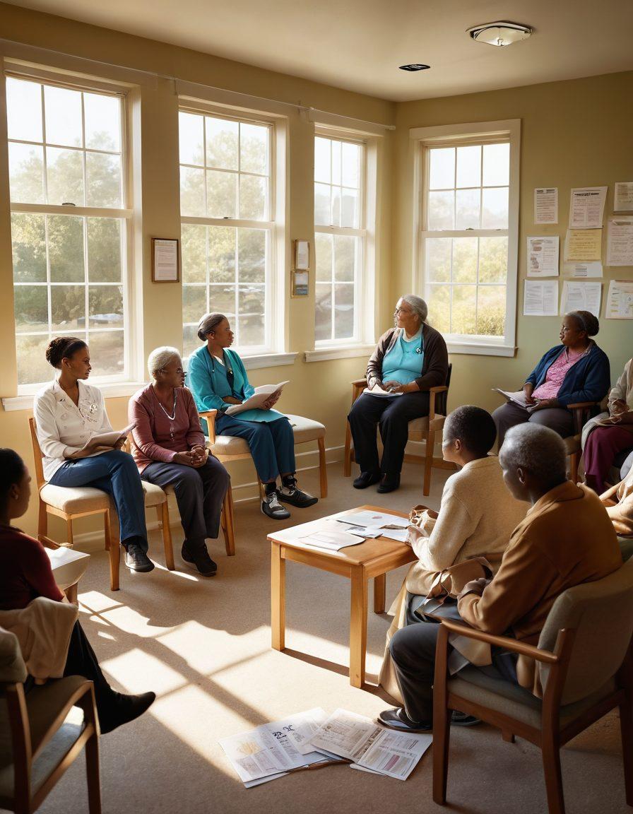 A serene scene depicting a diverse group of patients in a cozy support group setting, surrounded by informative pamphlets and supportive visuals. Bright sunlight filters through the window, symbolizing hope and healing. A background filled with medical symbols and supportive quotes. The atmosphere is warm and inviting, encouraging a sense of community and resilience. super-realistic. vibrant colors. warm lighting.